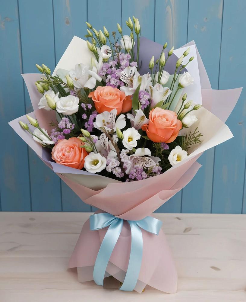 Букет цветов из: Лизиантусы, Розы, Альстромерии и Гипсофила в Сернуре