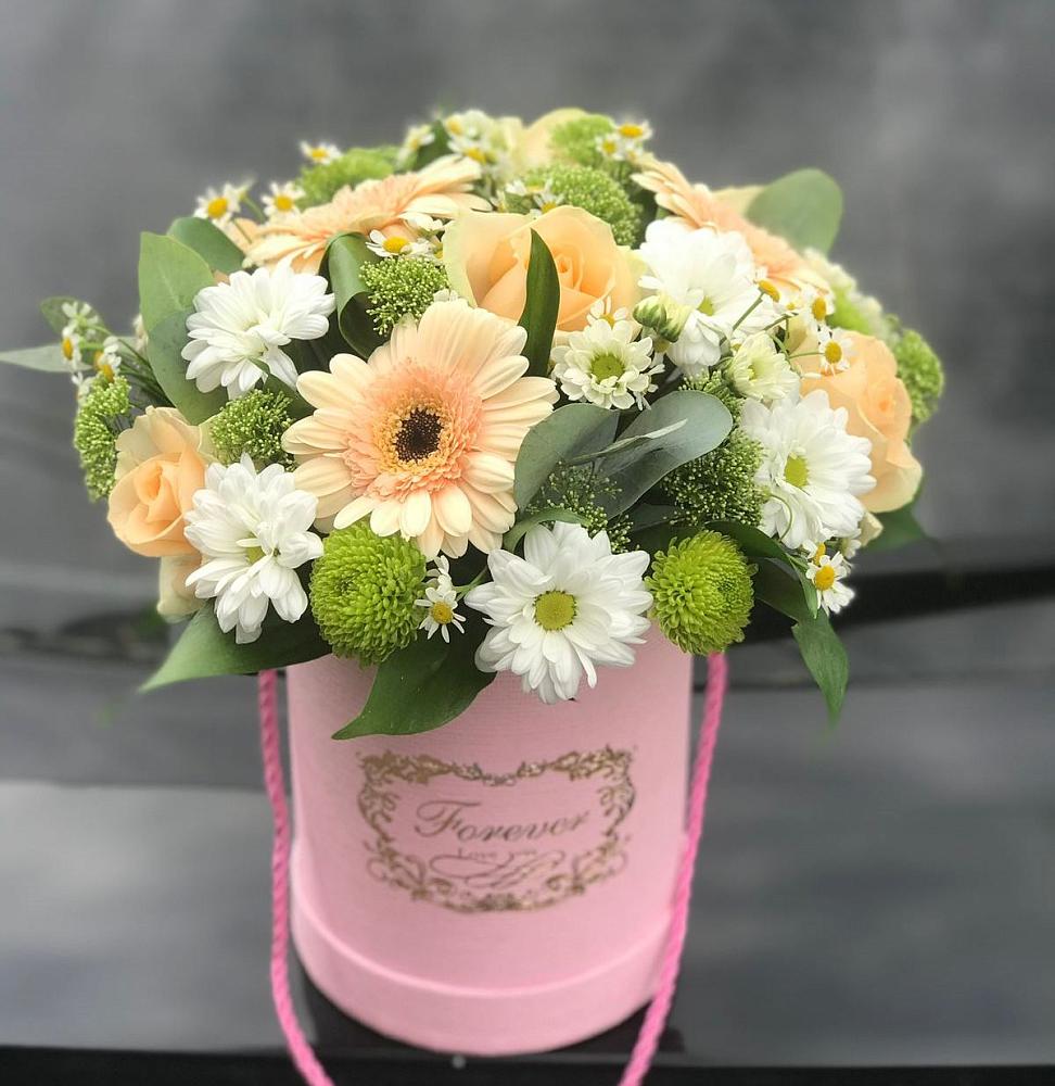 Цветочная композиция из Розы, Герберы и Хризантемы в шляпной коробке в Сернуре